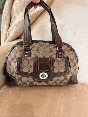 Coach Brown Hamptons Signature Canvas Shoulder Bag with Dark Leather Trim
